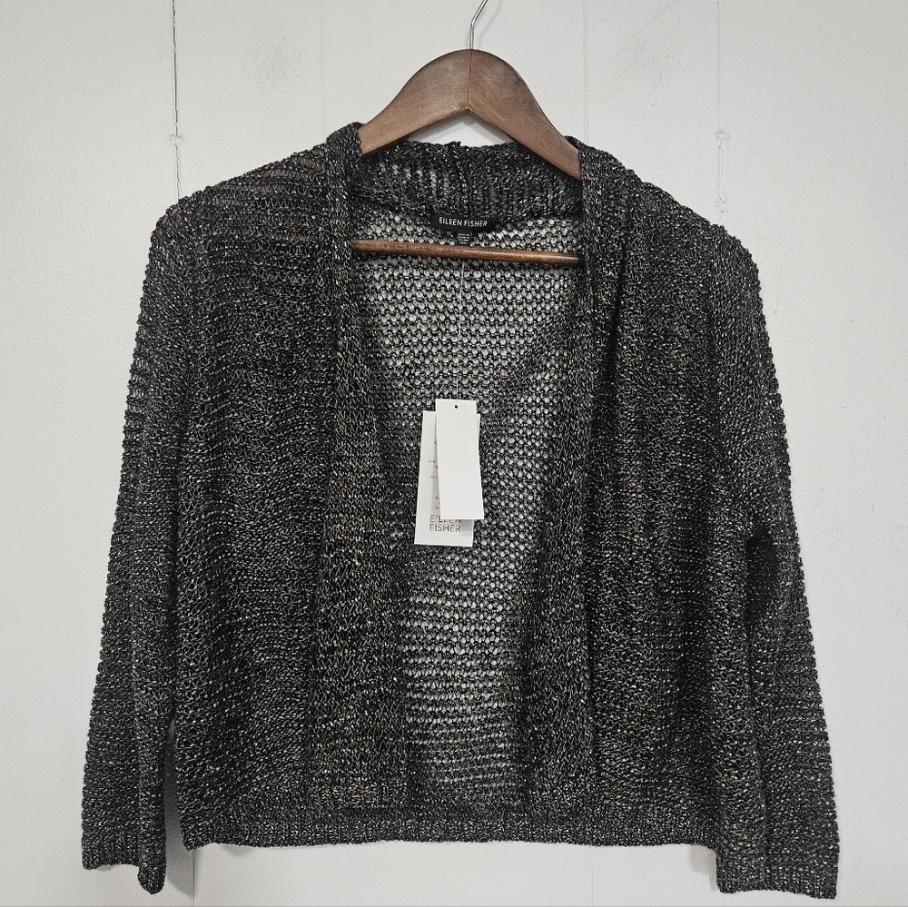 NWT Eileen Fisher Cropped Metallic Open Cardigan